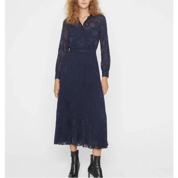 Club Monaco Pleated Jacquard Shirt Dress Navy Blue Midi Sheer Long Sleeve 8